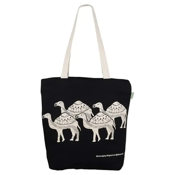 Handmade Black Camel Printed Cotton Canvas Bag