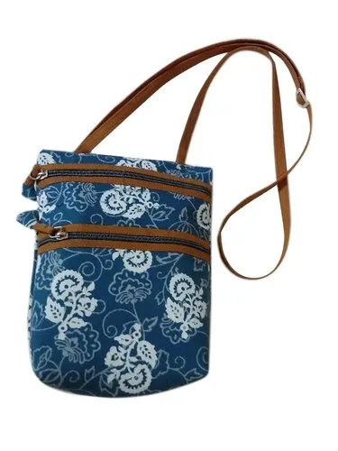 Handmade Printed Blue Cotton Canvas Mobile Sling Bag